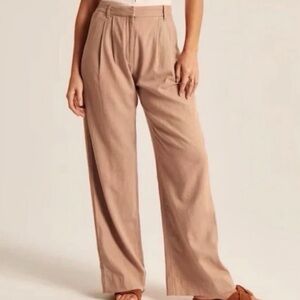 Abercrombie Sloane Linen Blend Khaki Tan Wide Leg Pleated Trousers Small Long